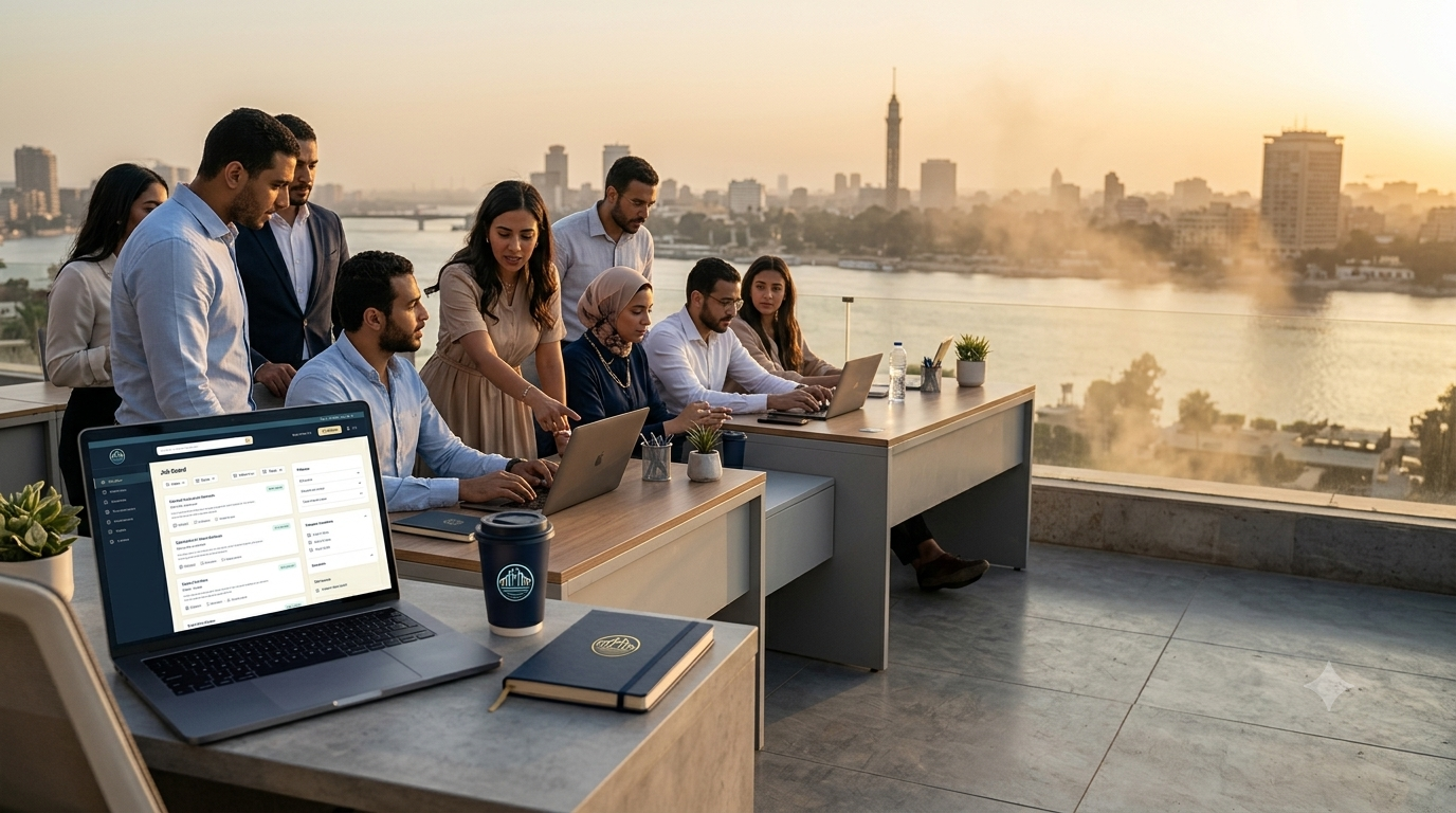 Arab professionals collaborating with Cairo skyline